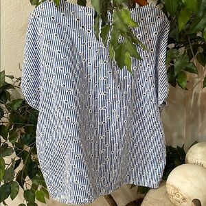 Liz Claiborne Blue & White Stripes Eyelet Blouse keyhole back closure SZ XL EUC